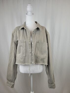 Zara NWOT Cropped Distressed Jean Jacket - Taupe Gray (Beige Kaki) Size XL